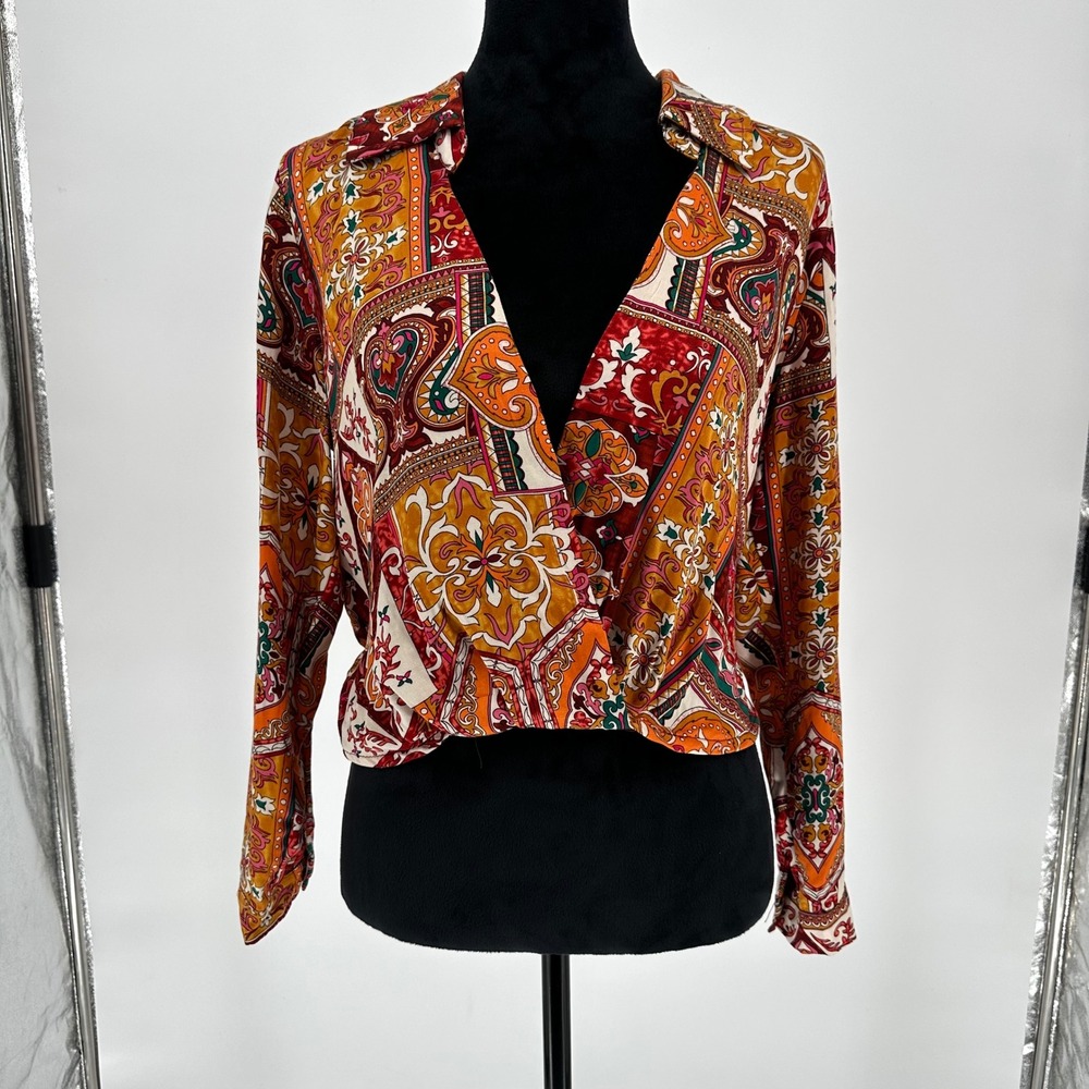 NEW Haute Hippie‎ Orange Paisley Boho Long Sleeve Cropped Blouse Top S Bohemian